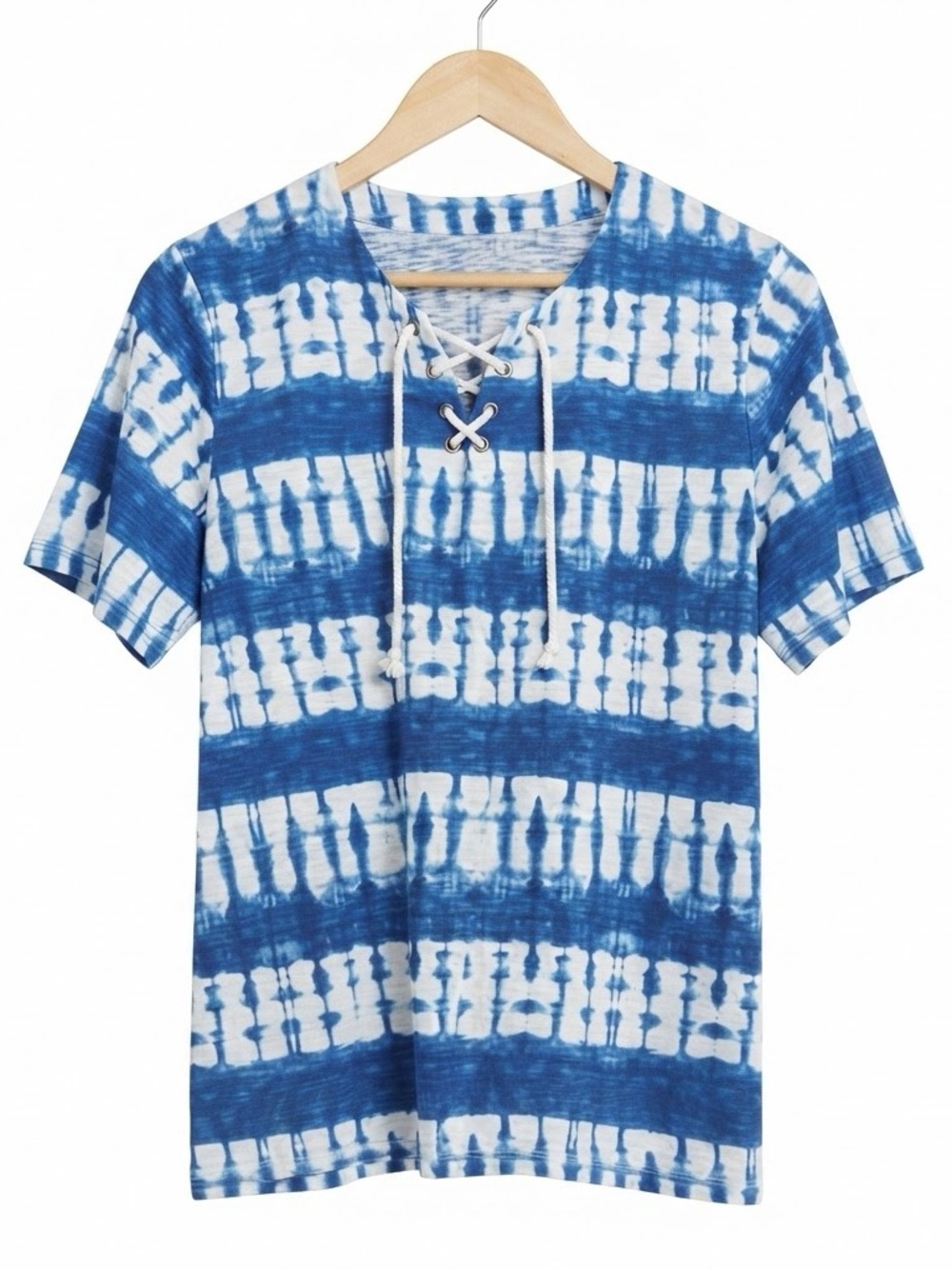ALIA Tie Dye T-shirt Blue Short Sleeve with Lace Up LARGE